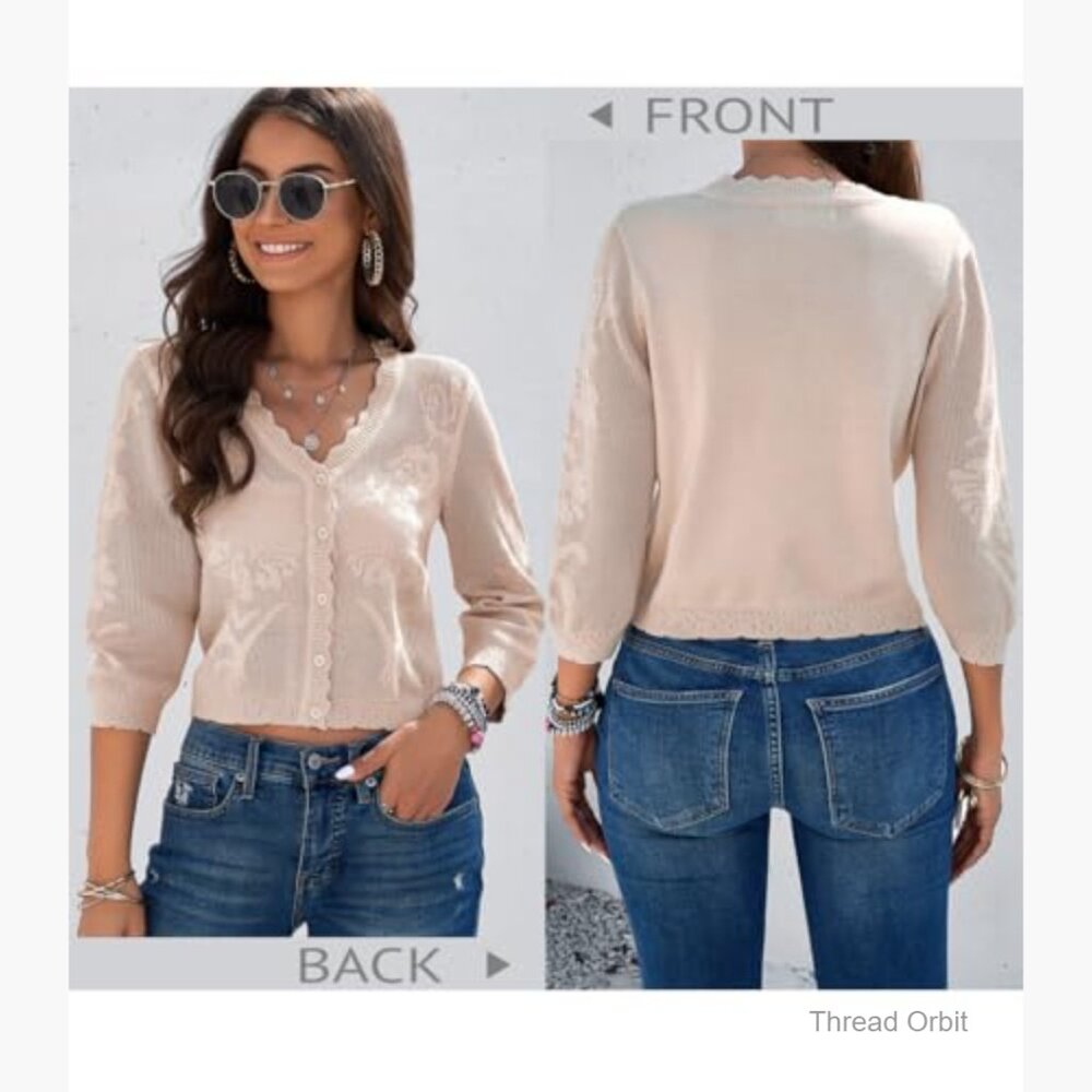Cropped Cardigan Sweater 3/4 Sleeve Button Down Lightweight Knit Shrug - Picture 4 of 7